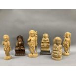 Six Indian carved balsa wood figures of Buddha and other Indian deities measuring 20cm down to 16cm