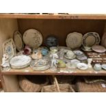 A collection of thimbles and display rack, decorative plates, cabinet cups and saucers, figures