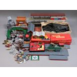 A comprehensive collection of Hornby track side and track accessories, including signal gantries,