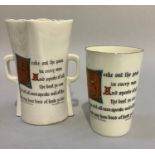 A W. H. Goss porcelain beaker verse by Adolphus Goss' Seeke out the good in every man...' and