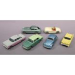 Six Lesney Matchbox model cars, including a 1958 Vauxhall Cresta, an Austin A55 Cambridge, a