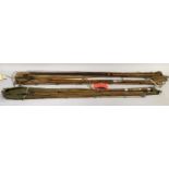 Hardy four piece fly rod no. 74241 to ferrule, Hardy 9' bamboo two piece salmon spinning rod, no.