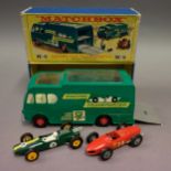 Matchbox King Size K-5 Racing Car Transporter, boxed, along with a Lesney Ferrari racing car and a