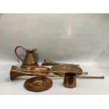 Three copper horns, copper plaques, measure, beaker etc