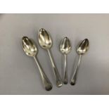 Two 18th century silver dessert spoons together with two early 19th century silver teaspoons,