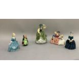 Five various Royal Doulton figures including A Child from Williamsburg, The Bedtime Story, Sairey