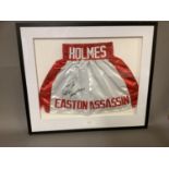 Larry Holmes 'Easton Assassin', framed signed boxing shorts, 65cm x 75cm