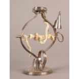 A 19TH CENTURY PLATED ON COPPER 'WAX WINDER' TAPER STAND on a circular base with reeded fluting,