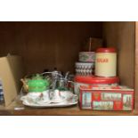 Various printed tins, tea service, cake plate, cruet and green polka dot and gilt teapot