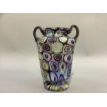 Murano Mille fiori two handled vase of tapered form and pedestal foot in mauve, blue, green,