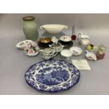 A Royal Crown Derby cream jug, tea strainer and stand, Ainsley china trinkets, flower clusters,