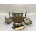 Silver plated gallery tray, cake basket, plated on copper, teapot, pair of candlesticks, quantity of