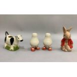 A Moorland pottery cow creamer, a copy Carltonware salt and pepper of pear shape with feet and a