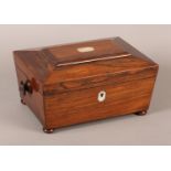 AN EARLY 19TH CENTURY ROSEWOOD WORK BOX, rectangular with mother-of-pearl cartouche and