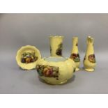 Five items of Aynesley china Orchard Gold including two vases, ewer, pin dish