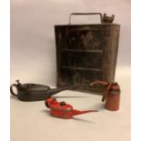 A vintage Natural Benozole Mixture two gallon petrol can, 27.5cm high together with a Godiva B oil