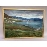 Initials B.V, 20th century, coastal landscape with fishing village and boats, oil on canvas,