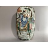 A modern Chinese style box in white metal having a ceramic lid painted with figures riding a