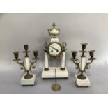 A French gilt metal and white marble clock garniture having a white enamel dial with rose bud