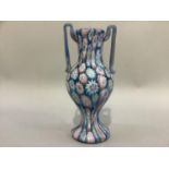 Murano Mille fiori two handled vase of baluster form in pale blue, mauve, yellow and white 19cm high