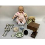 A doll, hardware box, cutlery, Jasper ware, model cottage etc
