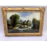 River landscape with abbey ruins and windmill, reverse painted on glass, unsigned, measuring 38.