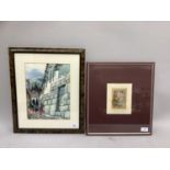 A watercolour, Chinese village scene and figures, 29cm x 22cm, together with colour engraving