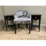 A grey plush velvet upholstered tub chair on ebonised square tapered legs together with a pair of