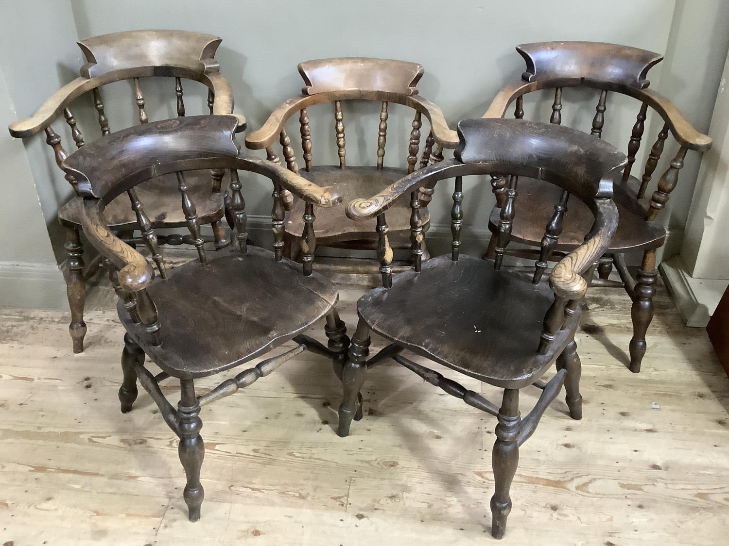 A set of five Capston chairs with spindle backs and turned legs, late 19th century