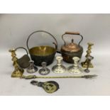 A brass preserve pan, copper kettle, pair of brass candlesticks, toasting fork, silver plated