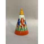 A Sherwin pottery conical sugar caster in the style of Clarice Cliff painted with Crocus pattern