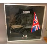 Nigel Benn 'The Dark Destroyer', framed signed boxing shorts and photograph, 85cm x 92cm