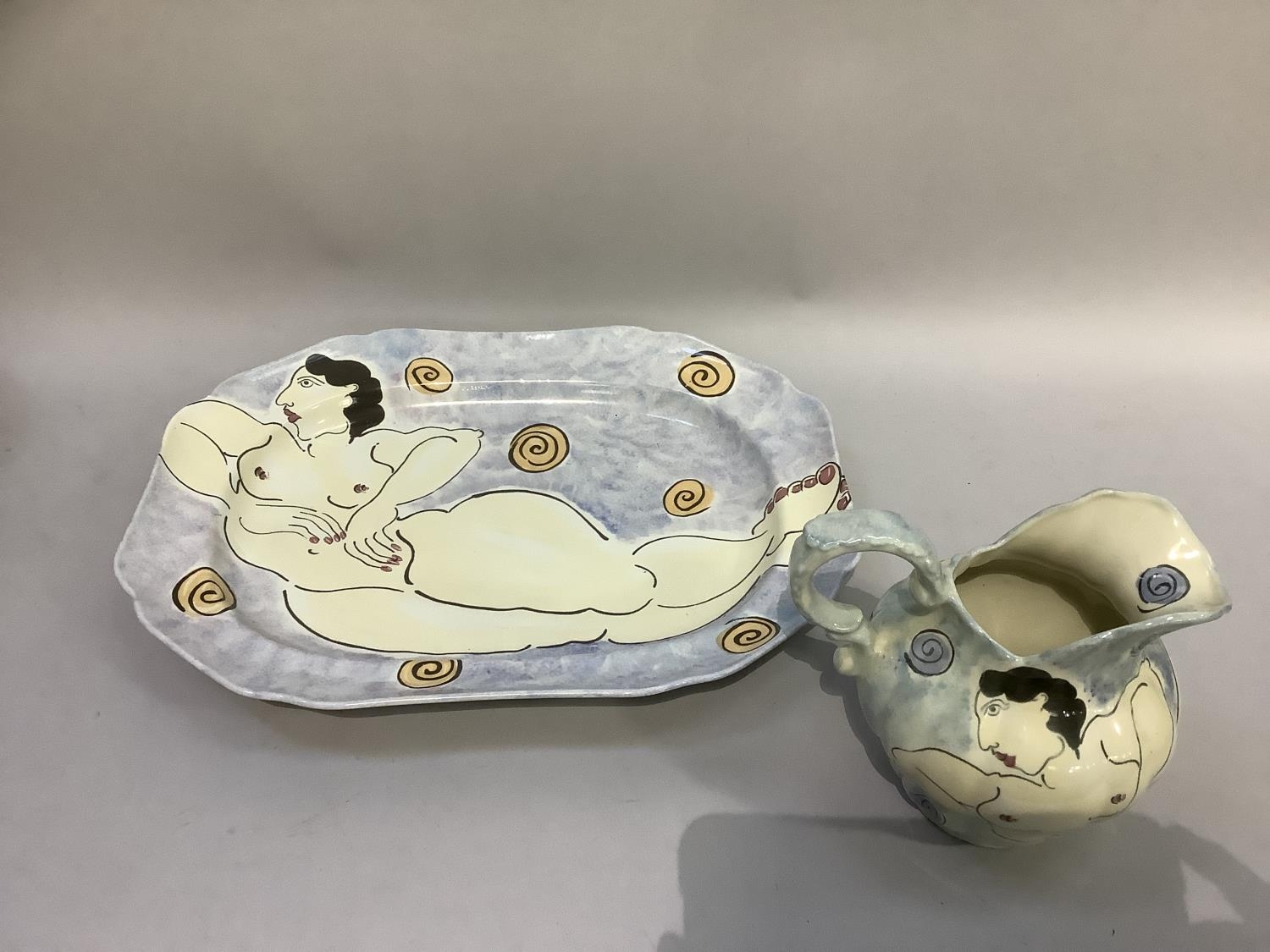 A Heron Cross pottery meat dish and jug decorated in the style of Picasso with a female nude - Image 2 of 2