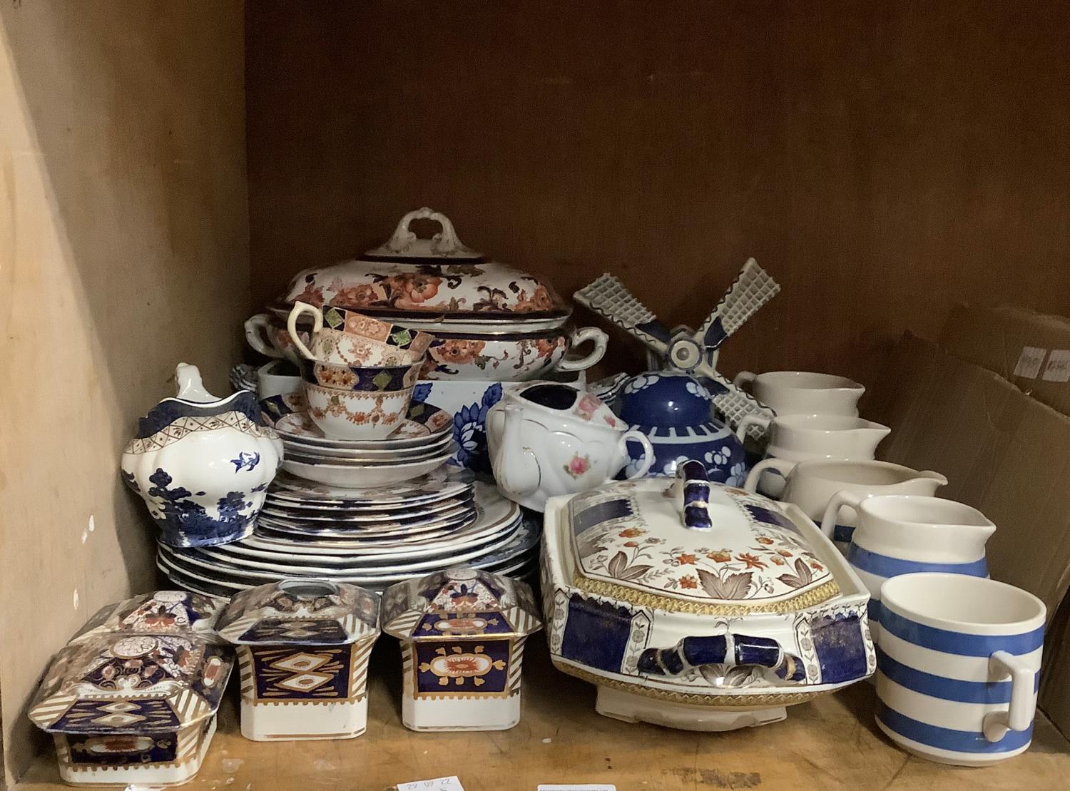 A quantity of ceramics including teaware, blue and white striped mugs and jugs, tureen, windmill etc