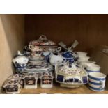 A quantity of ceramics including teaware, blue and white striped mugs and jugs, tureen, windmill etc