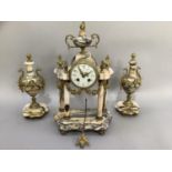 A French gilt metal and marble garniture, the clock having a enamelled dial with swagged rosebuds