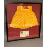 Thomas 'The Hitman' Hearns, framed signed boxing shorts, with Certificate of Authentication from