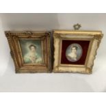 Two modern plaques, rectangular, painted with half portrait of a 19th century female with bonnet and