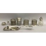 An Edward VII silver topped cut glass jar (A/F), a silver topped scent bottle and a cut glass pin