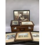 A suitcase containing a quantity of prints including shipping scenes, hunting scenes etc