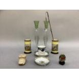 A pair of Prattware spill vases, a Whitby souvenir cup and saucer, pair of tall glass goblets or