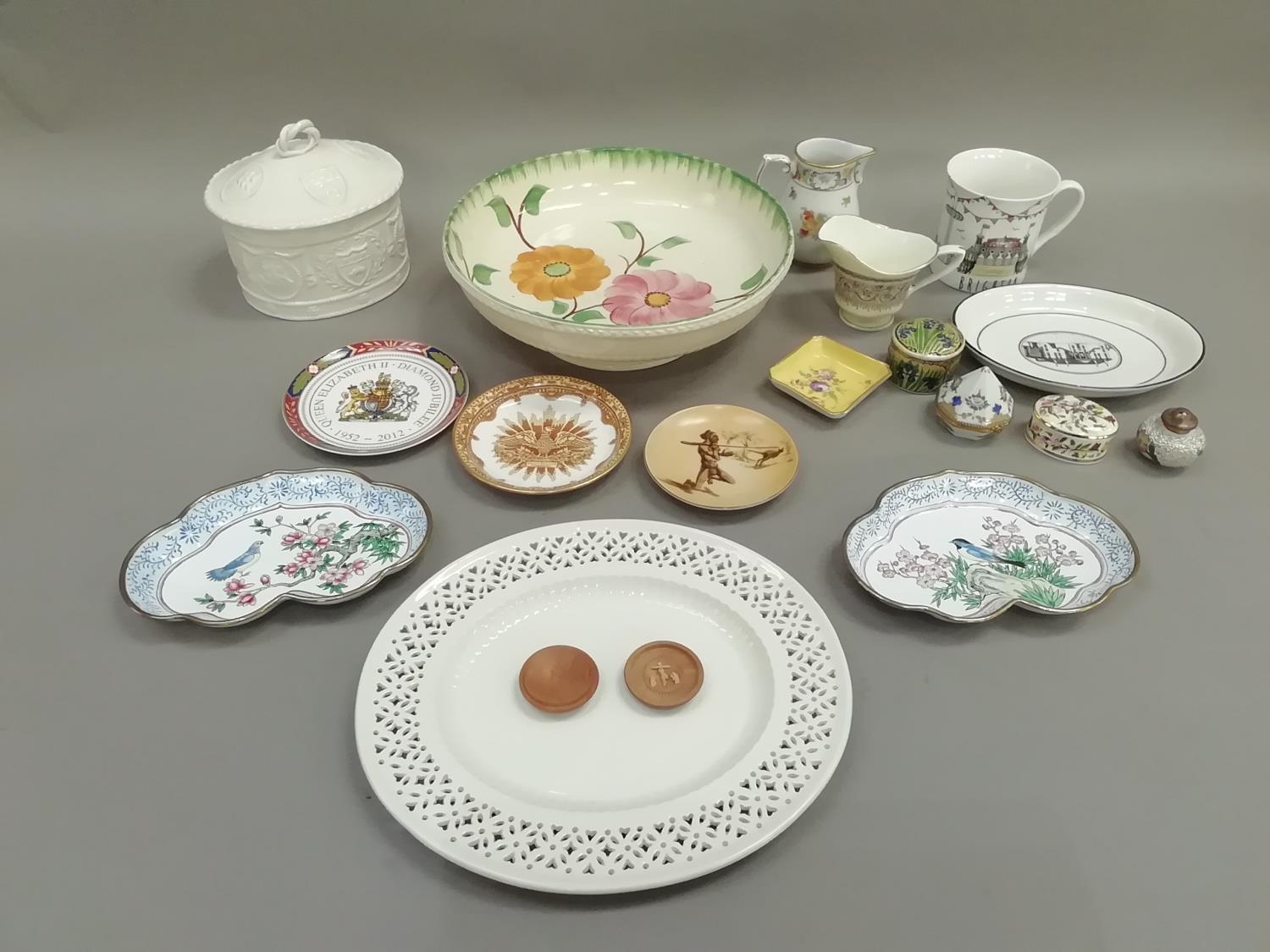 Creamware oval box and covet, oval plate with pierced rim, Brighton mug, pair of enamelled dishes