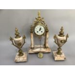 A 19th century French gilt metal and marble clock garniture having a white enamel dial with