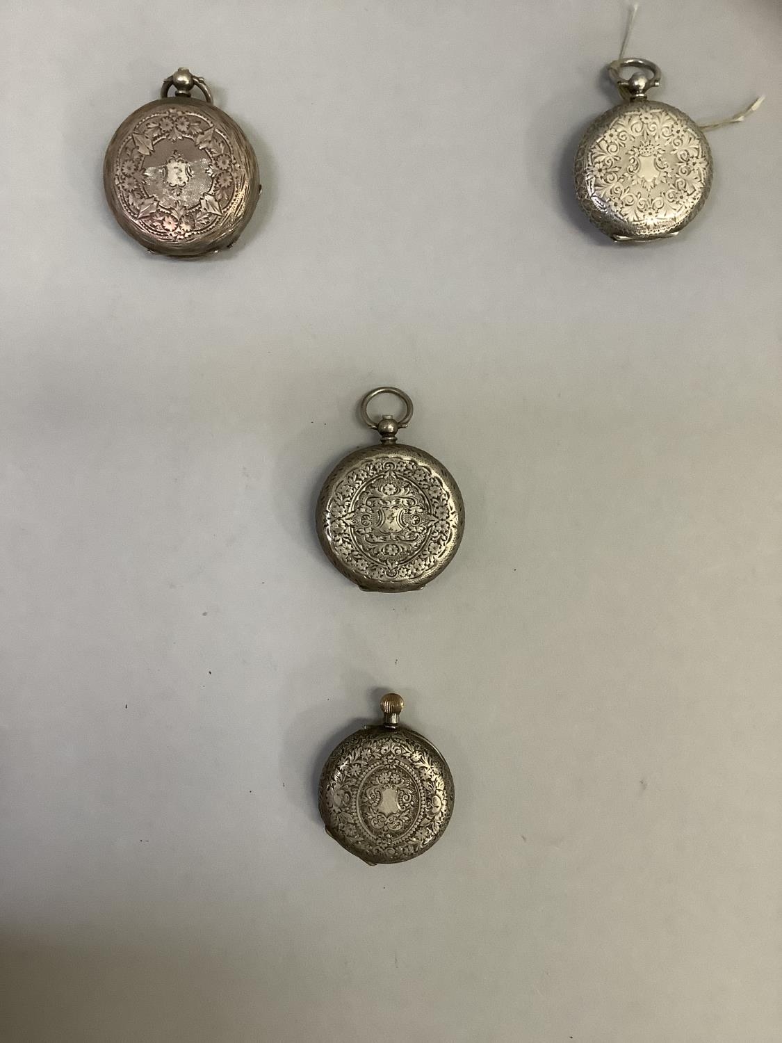 Four ladies late 19th century fob watches in open faced silver cases with polychrome enamel dials ( - Image 2 of 2