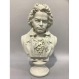 A 19th century Robinson and Leadbetter bust of Beethoven on a socle, 29.5cm