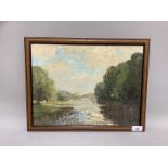 G.C.Barlow. Ilkely old bridge, river landscape with angler, oil on board, signed to lower right,