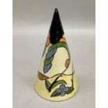An old Ellgreave pottery conical sugar sifter in the style of Clarice Cliffe, painted with a