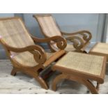 A pair of hardwood and woven rattan colonial chairs with foot stools