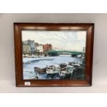 Whitby harbour with moored fishing boats, oil and pencil on board, unsigned, 34cm x 44cm.