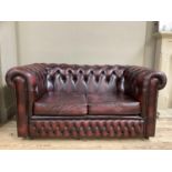 An oxblood leather Chesterfield two seater sofa, approximately 160cm wide